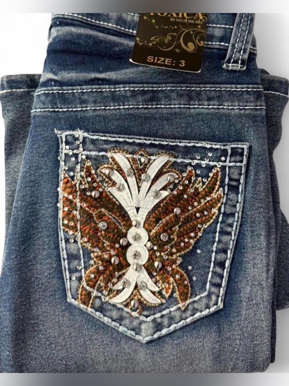 Embellished Dark Blue Boot-Cut Jeans with Rhinestone Pocket - Size 3